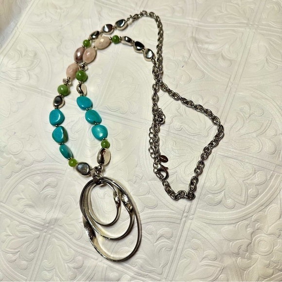 Chico's Blue and Silver Geometric Necklace Statement long Dangle pendant 0776 P - Picture 5 of 13